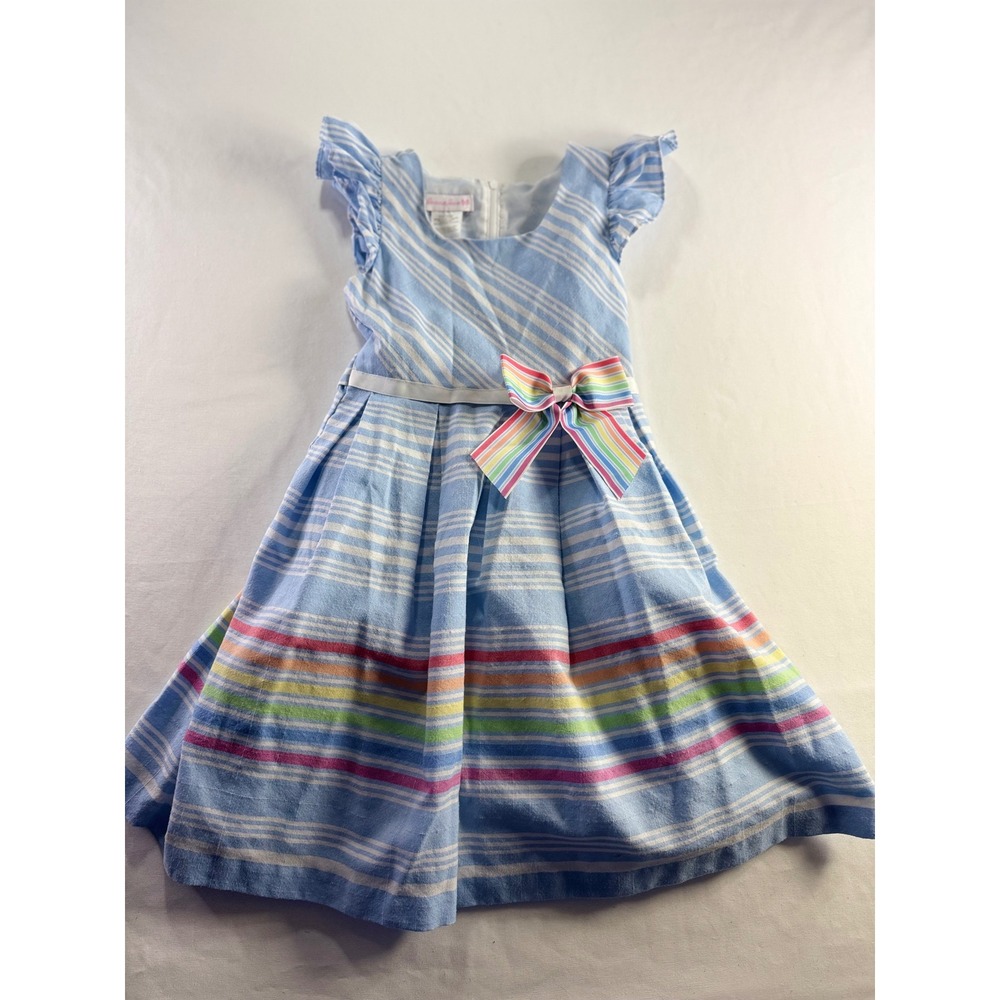 Bonnie Jean Dress Size 7 Blue White Rainbow Stripe Ruffle Sleeve Fit Flare Dress